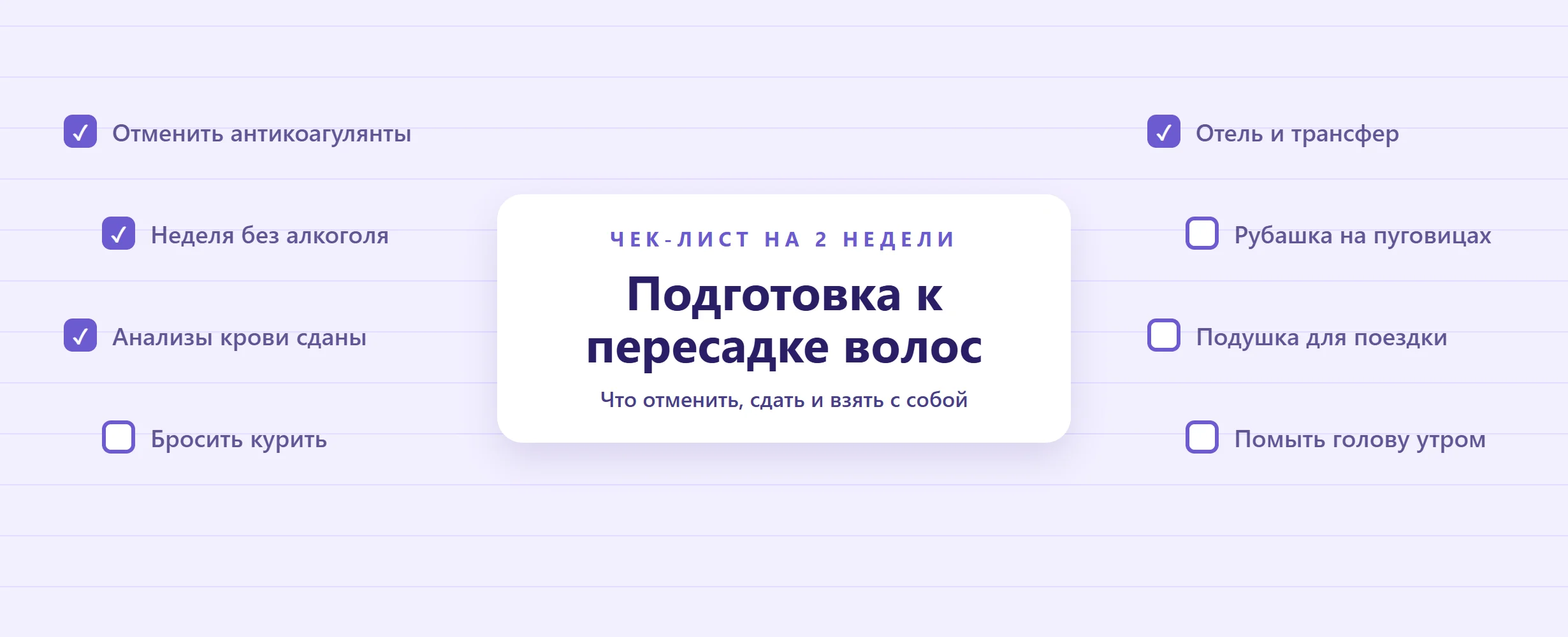 Подготовка к пересадке волос: чек-лист на 2 недели (2026)